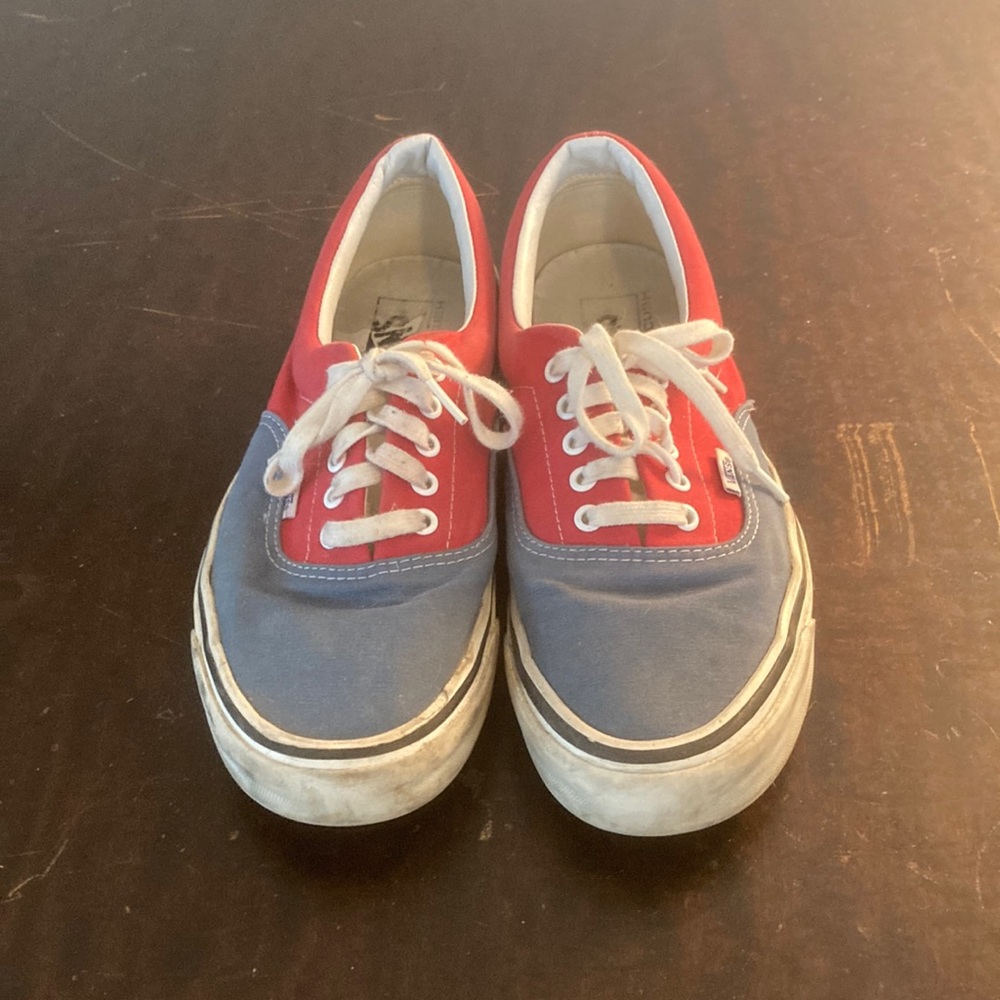 Red and blue Vans skate shoes.